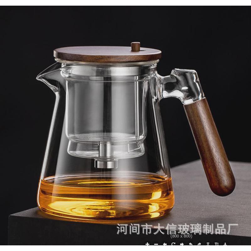 飘逸杯泡茶壶不锈钢配件全玻璃黑胡桃一键控水加厚家用茶水分离杯