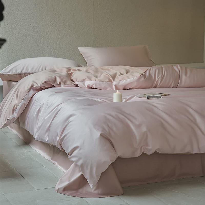 轻奢60床笠纯棉四件套长绒棉双拼被套全棉纯色支床上单人三件套