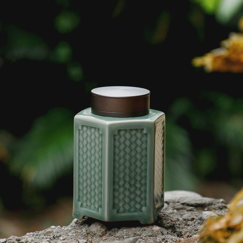 中式青瓷藤编茶叶罐陶瓷家用密封罐双层锡盖存茶罐越窑茶叶包装罐