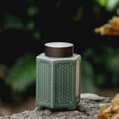 越窑青瓷藤编茶叶罐陶瓷家用密封罐双层锡盖存茶罐中式 罐 茶叶包装