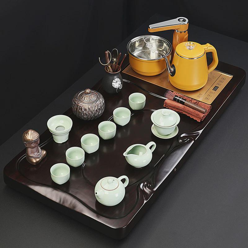 黑檀实木茶盘功夫茶具套装整套茶台家用玻璃泡茶壶一体全自动高档