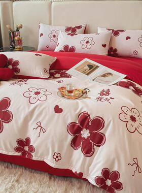 XEI3简约100支婚庆红色四件套印花结婚被套床单婚嫁新房喜被床上