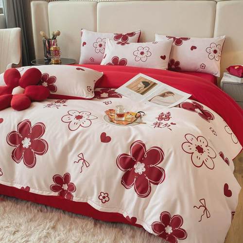 XEI3简约100支婚庆红色四件套印花结婚被套床单婚嫁新房喜被床上