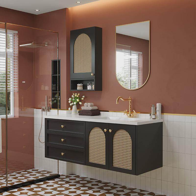 法式复古浴室柜岩板陶瓷无缝一体盆偏盆美式中古风实木烤漆洗漱台