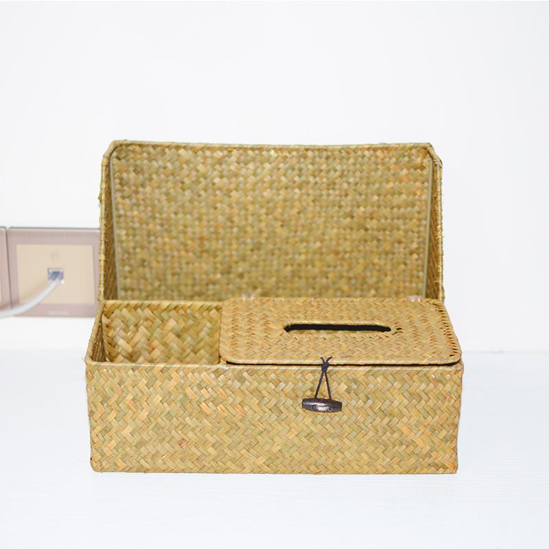 厂家批发海草编织收纳盒带盖桌面文件纸巾盒收纳筐多功能抽式整理