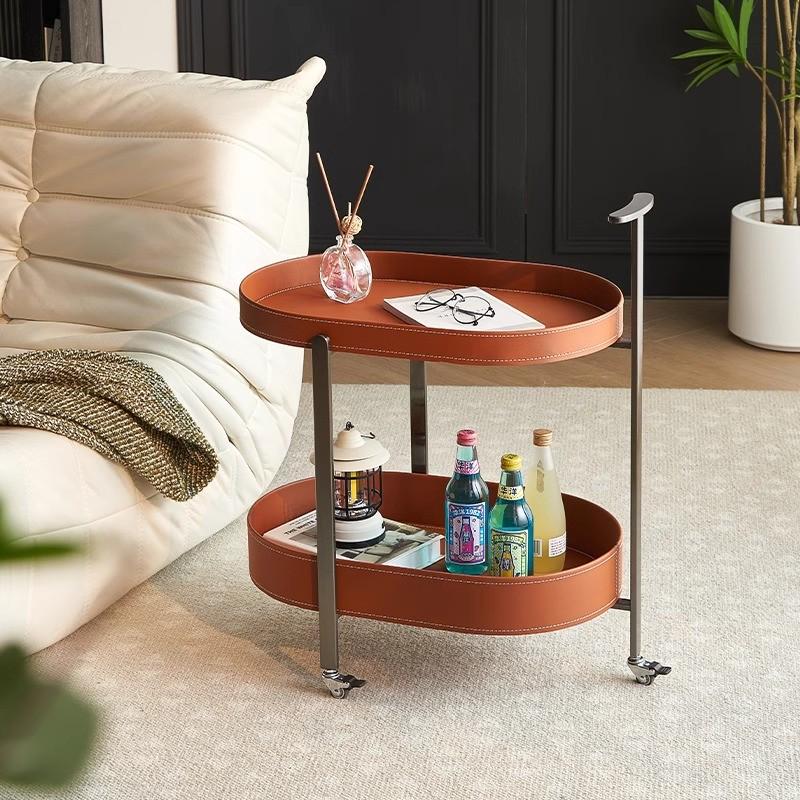 客厅家用轻奢不锈钢马鞍皮移动沙发边几小推车现代角几带轮置物架