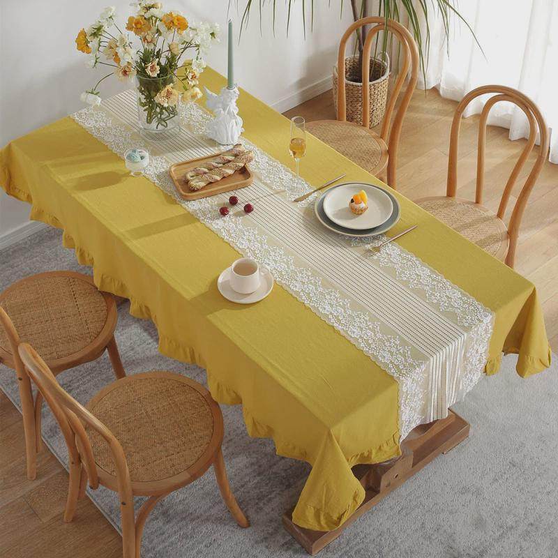 现代简约纯色荷叶边水洗棉撞色全棉蕾丝桌旗茶几台布餐桌布