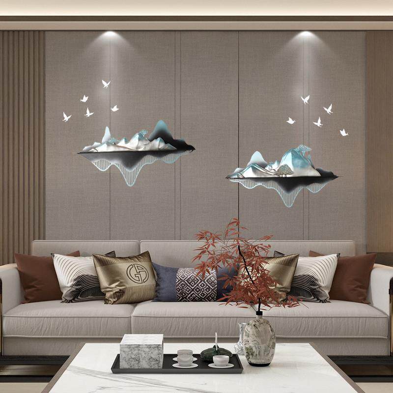 3d客厅沙发室内电视背景墙装饰画茶室圆形铁艺立体挂画风景三联