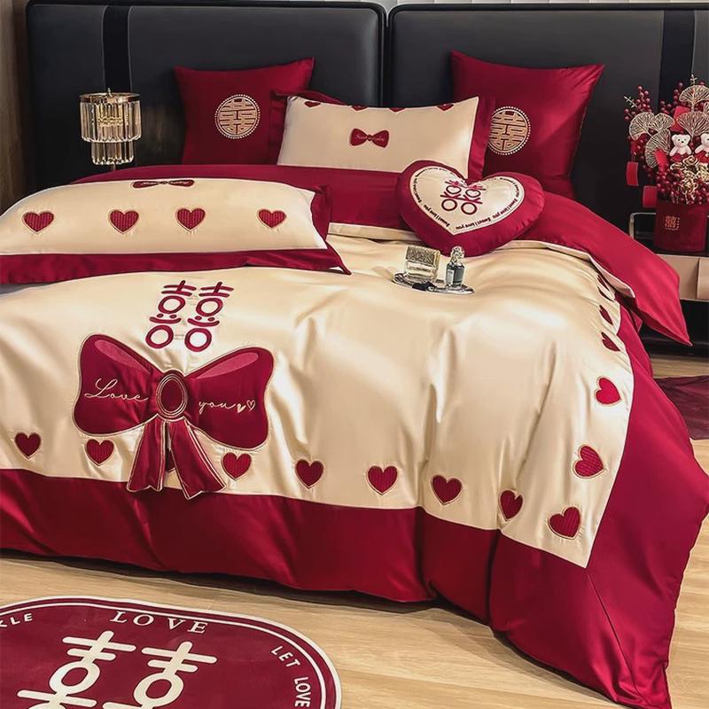 3n被子结婚床上用品四件套婚礼陪嫁八件套红色纯公主一整套喜