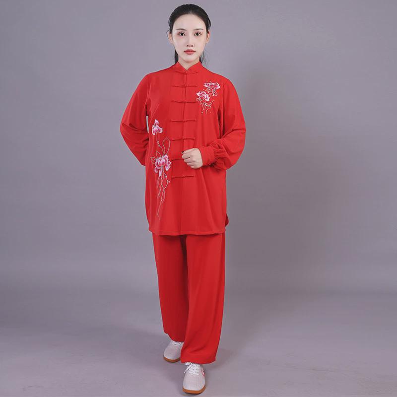 弹力棉绣花太极服女中长款练功服套装表演服团体新款武术服红色