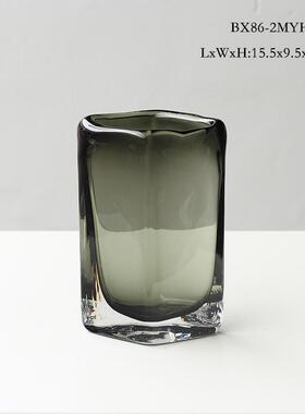 现代酒店厚重扁形烟灰方口琉璃花瓶样板房客厅轻奢软装几何摆件