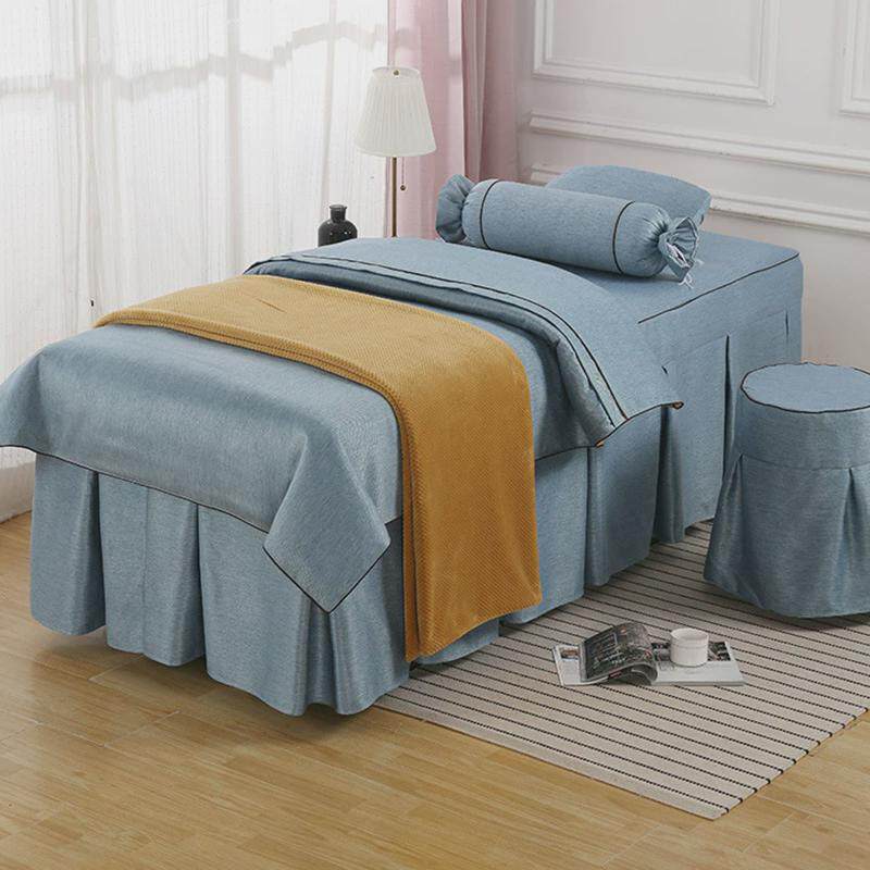 美容床罩四件套欧式棉麻简约按摩床罩洗头床套理疗纯色带孔