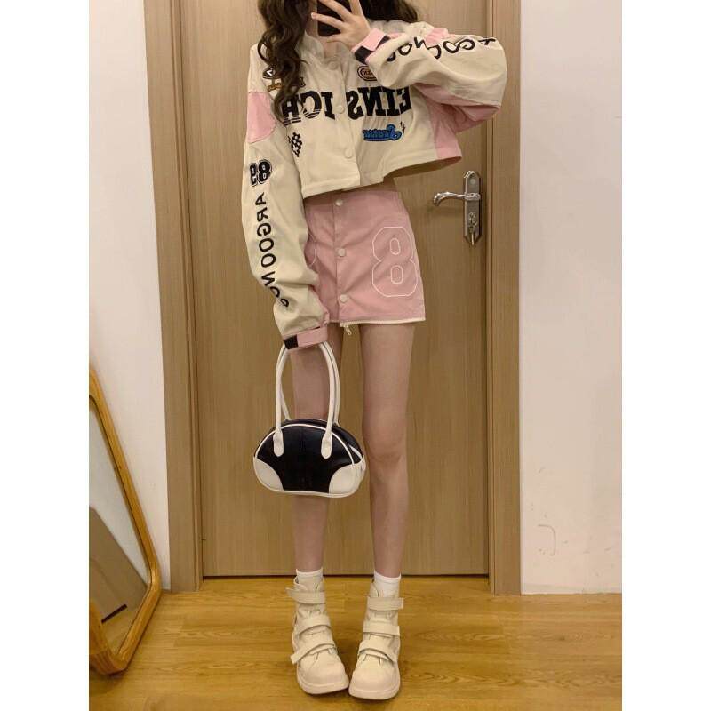 粉色炸街机车服女赛车可拆卸夹克辣妹棒球服秋季美式复古外套