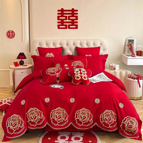1n结婚婚庆四件套大红刺绣新房嫁喜被龙凤纯棉六十件套床上用
