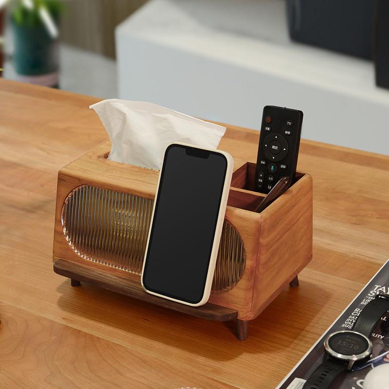纸巾盒实木黑胡桃多功能收纳一体家用桌面办公遥控器收纳盒抽纸盒