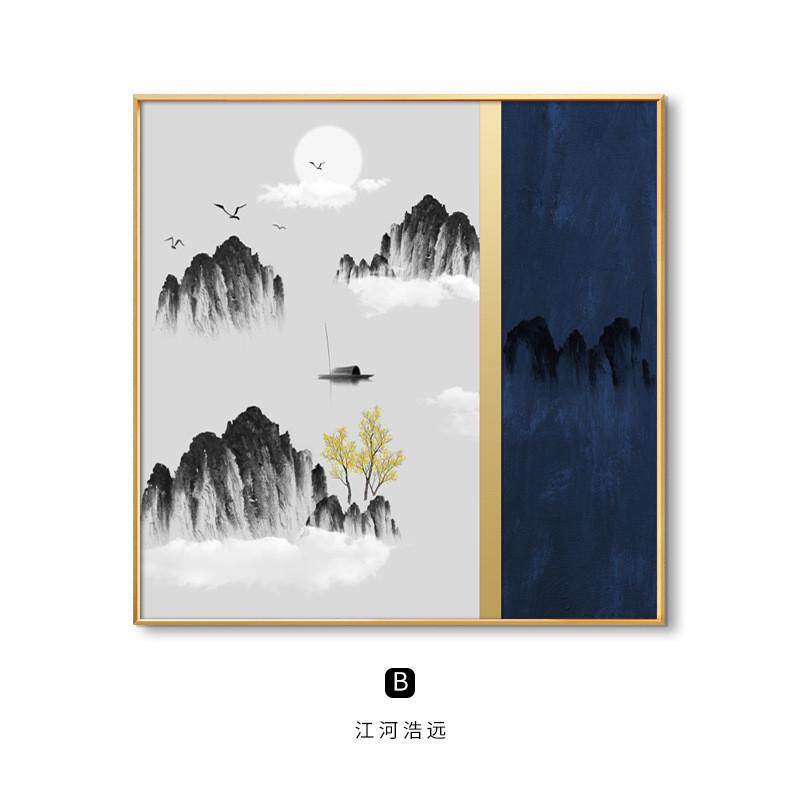 新中式国画山水餐厅挂画轻奢样板房中式工装挂画玄关客厅绿色壁画
