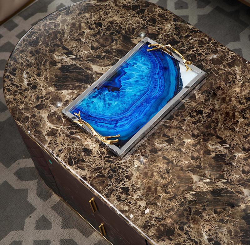 北欧玛瑙纹金属收纳金边托盘客厅玄关样板房软装玻璃茶盘创意
