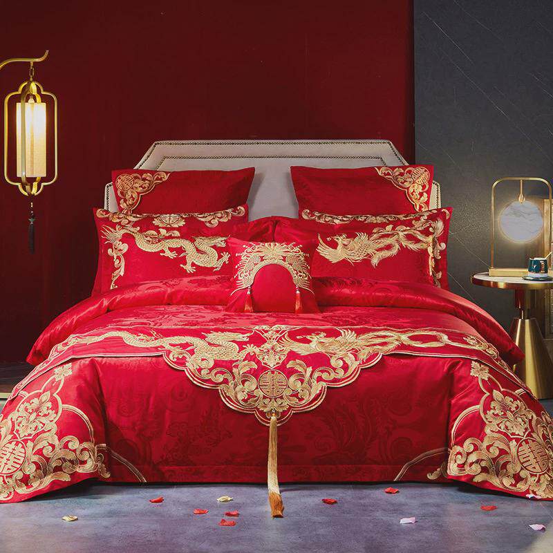 婚庆四件套大红全棉100s长绒棉刺绣龙凤结婚房嫁喜庆被床上用品