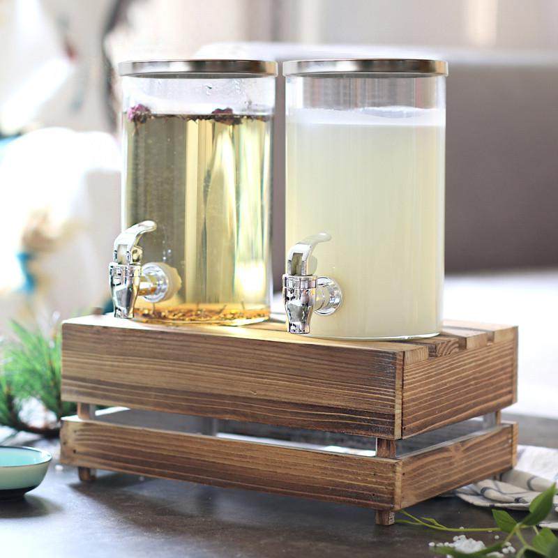 耐热玻璃果汁罐带自助啤酒饮料桶蜂蜜密封瓶甜品台双罐木底托,厨房/烹饪用具,密封罐,淘宝优惠券,粉丝福利购,淘宝优惠卷