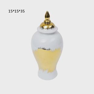 欧式 玄关摆件 电镀陶瓷样板房罐花瓶摆件金色轻奢工艺品将军软装
