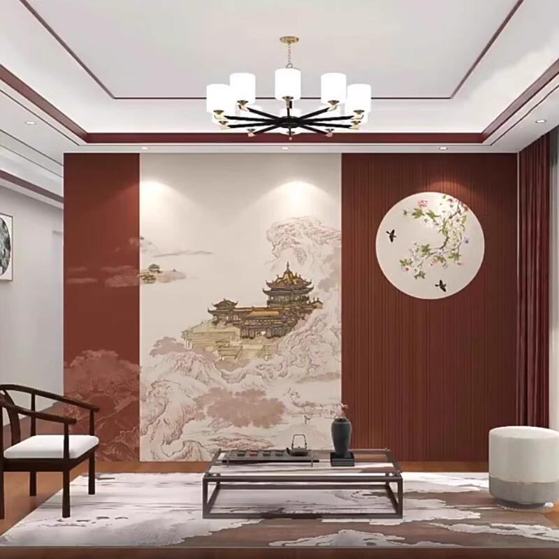 新中式意境山水电视背景墙布墙纸卧室客厅沙发壁布3d浮雕花鸟壁画