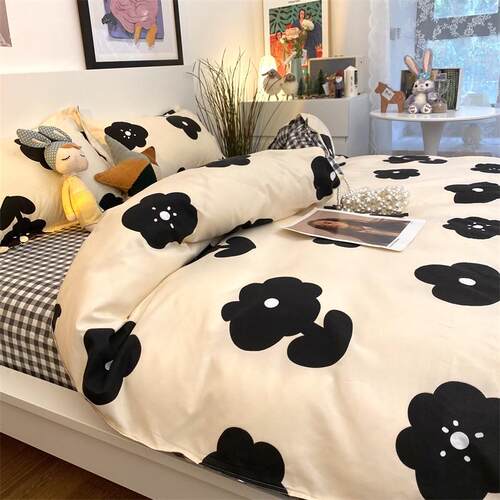 a5l黑白小碎花赫本风ins床上用品四件套简约韩式床单被套单人三件