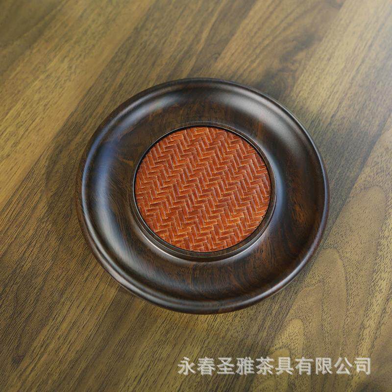 黑檀实木整块干泡茶壶垫新中式家用室内茶壶托储水竹席面干泡壶承