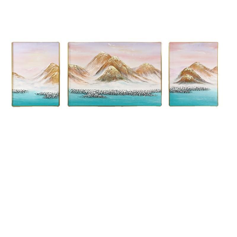 手绘砂岩肌理立体油画金色山脉山水酒店床头装饰画轻奢客厅三联画图片