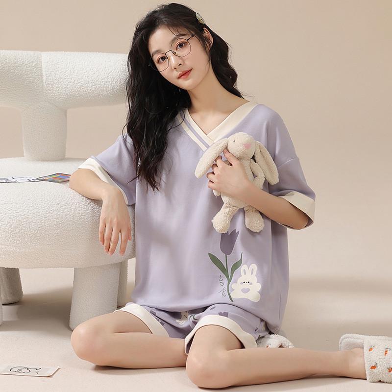 【纯棉】睡衣女士夏季可爱卡通V领短袖短裤可外穿薄款家居服套装