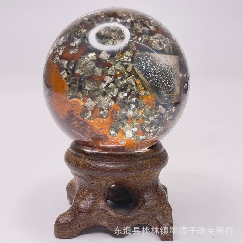天然黄铜矿包裹幽灵水晶球收藏把玩水晶球送底座收藏品水晶石