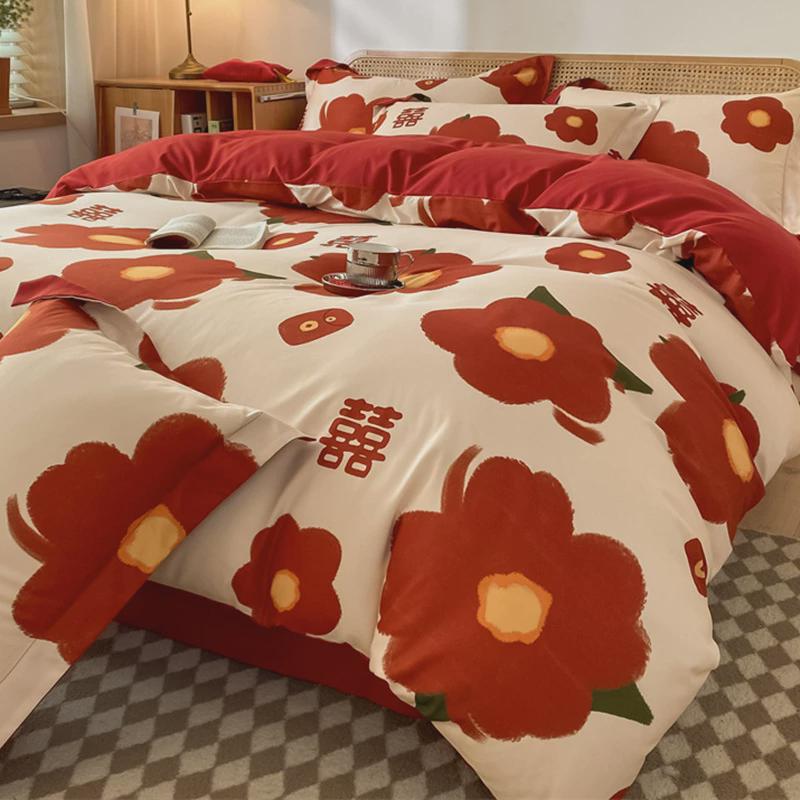 结婚床上用品四件套婚庆大红色陪嫁喜被磨毛床单被罩婚礼婚房被套