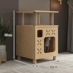 猫窝实木四季通用猫别墅封闭式猫房子猫爬架床头柜人猫咪共用凳子