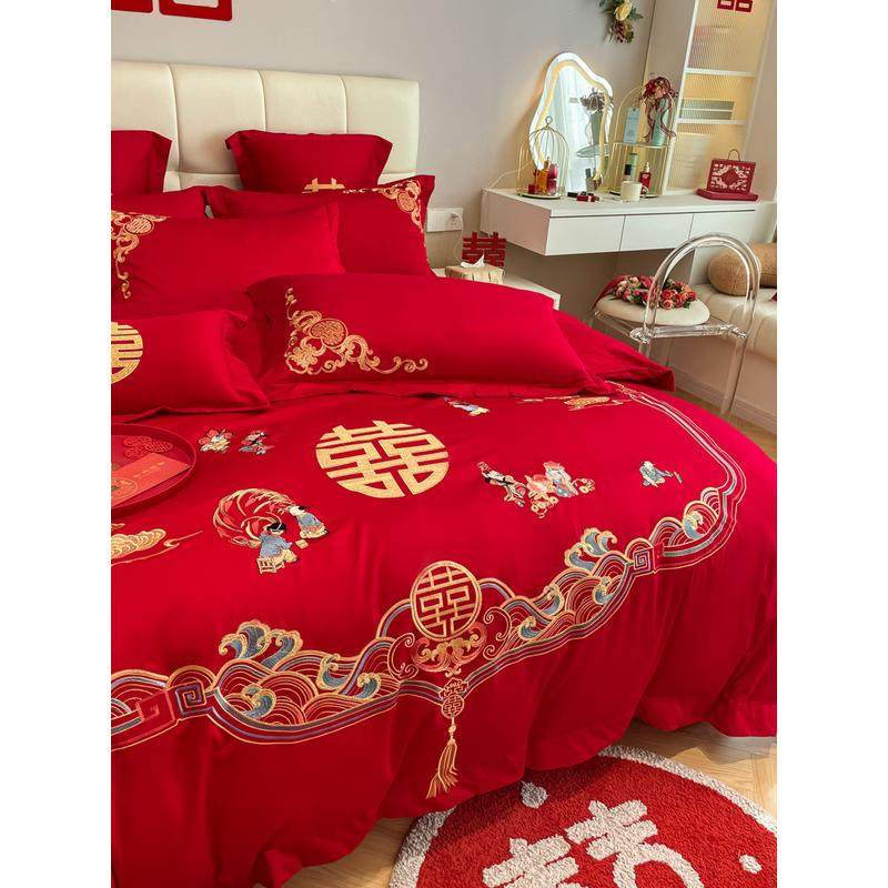 高档中式纯棉结婚四件套红色百子图刺绣被套全棉婚庆床上用品婚房,床上用品,婚庆床品套件,淘宝优惠券,粉丝福利购,淘宝优惠卷
