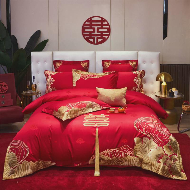 轻奢结婚床上用品全棉绣花四件套140S长绒棉刺绣婚庆红色六件套