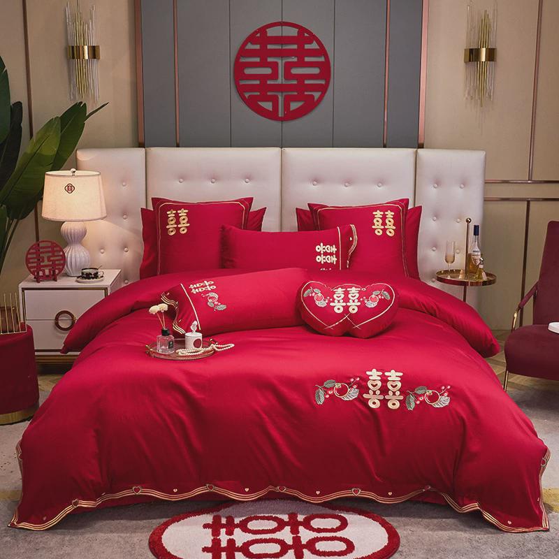 结婚喜庆床上婚庆四件套中式大红色床单被套婚房高档刺绣新婚床品