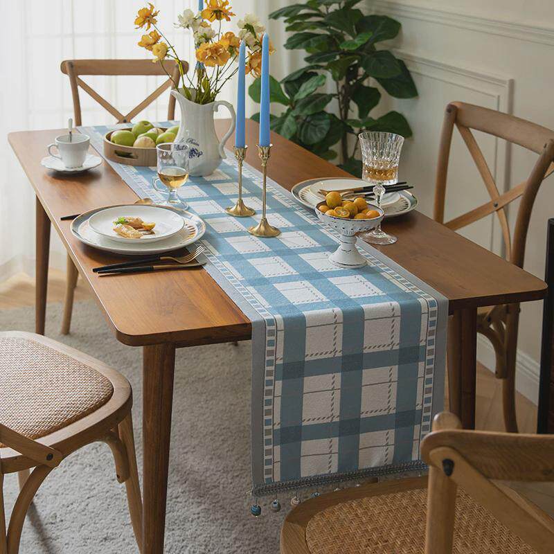 现代简约几何蓝色格子珠子家用桌旗客厅茶几电视柜床尾巾台布