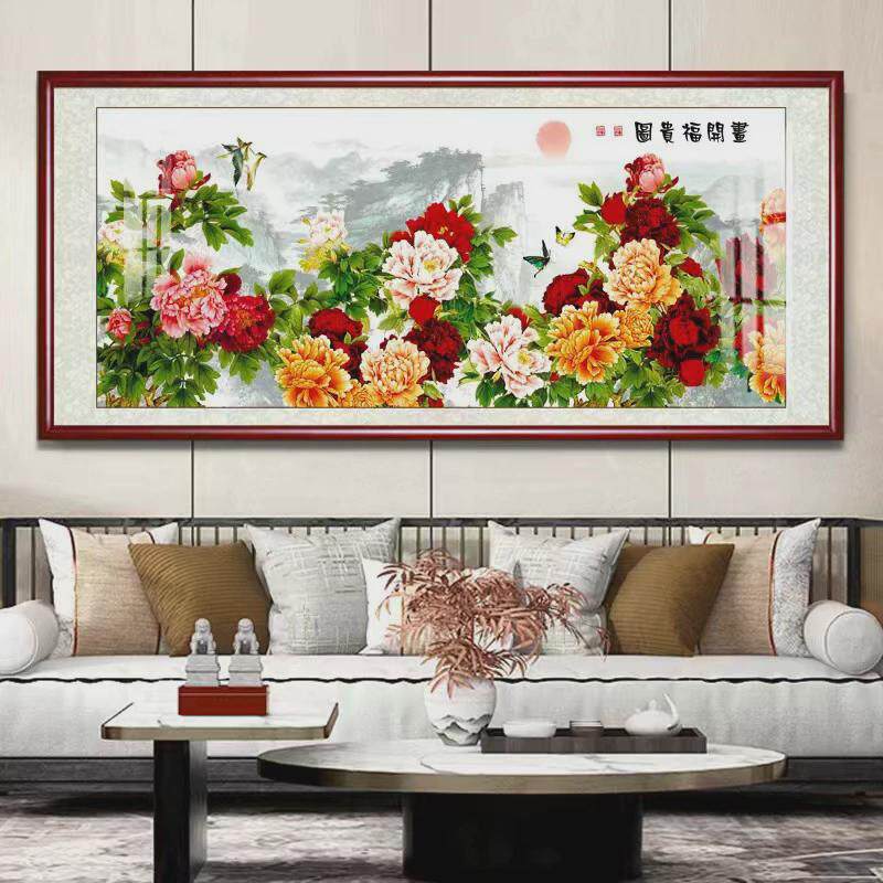 牡丹花国画背景客厅装饰挂画新中式沙发花开富贵墙壁办公室实木框