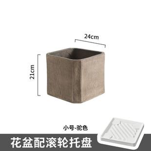 北欧正方形镁泥花盆特大号摆件木纹大型盆栽花箱客厅商场阳台仿古