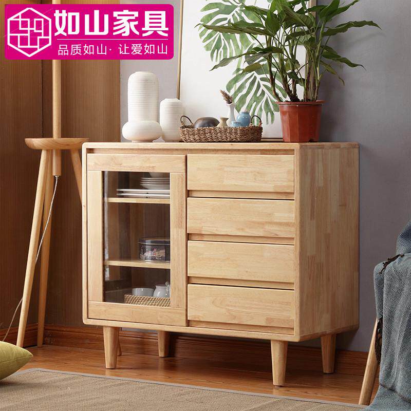厂家直供北欧家具橡胶木餐边柜原木储物实木客厅茶水柜玻璃门碗柜
