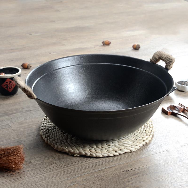 7wlo滕州铁锅铸铁老式手工炒锅生铁无涂层家用双耳圆底大铁锅
