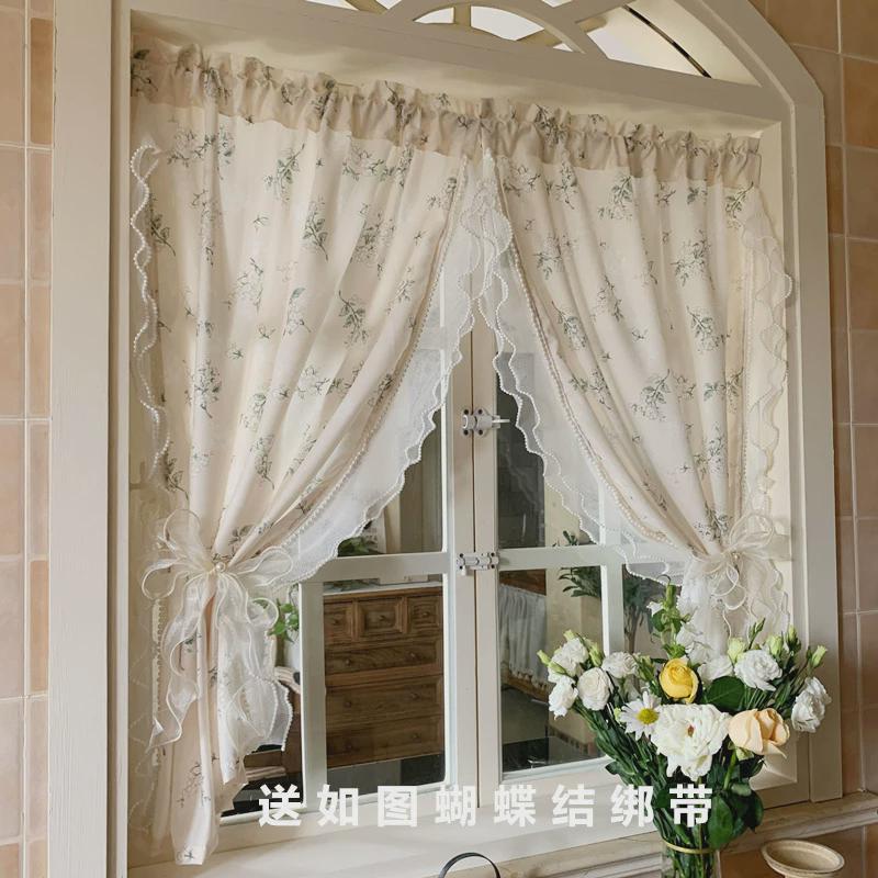 s丶免打孔田园法式自粘贴飘窗客厅落韩式半遮光窗帘布透光不透人