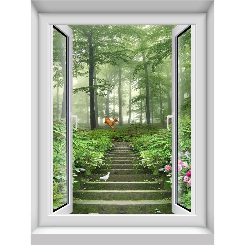 54n竖款3d假窗户自粘贴纸防水墙贴画装饰森林瀑布竹林风景墙壁纸