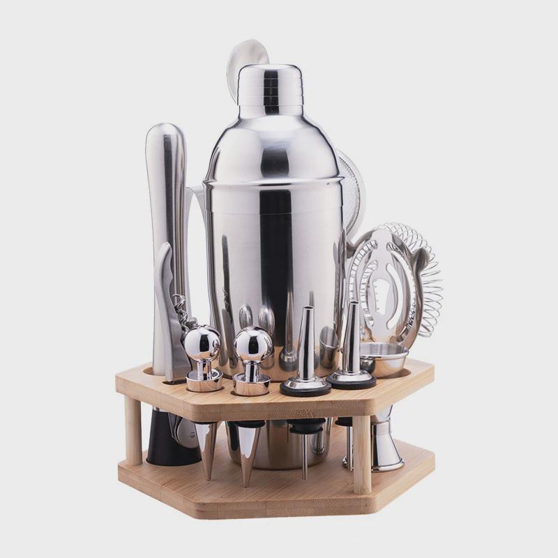 热销新款不锈钢调酒边13件套圆器形竹架套装摇壶雪克杯鸡尾酒调酒