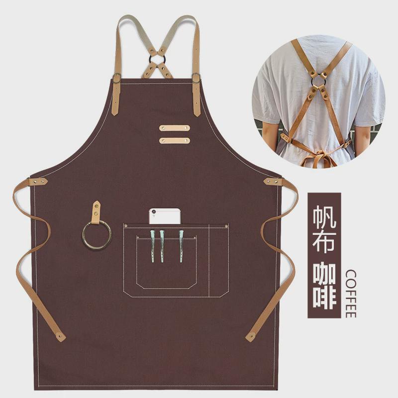 牛仔美发客订logo时尚餐饮厨房咖啡师酒吧帆布背带成人围裙工作服