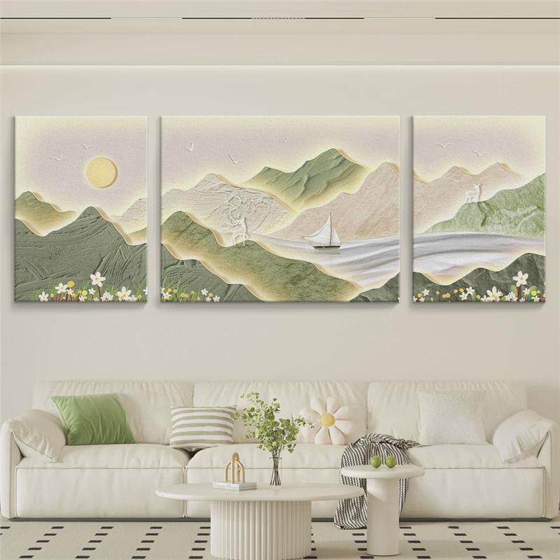 奶油风客厅装饰画沙发背景墙挂画壁画砂岩肌理轻奢高级感大气三联