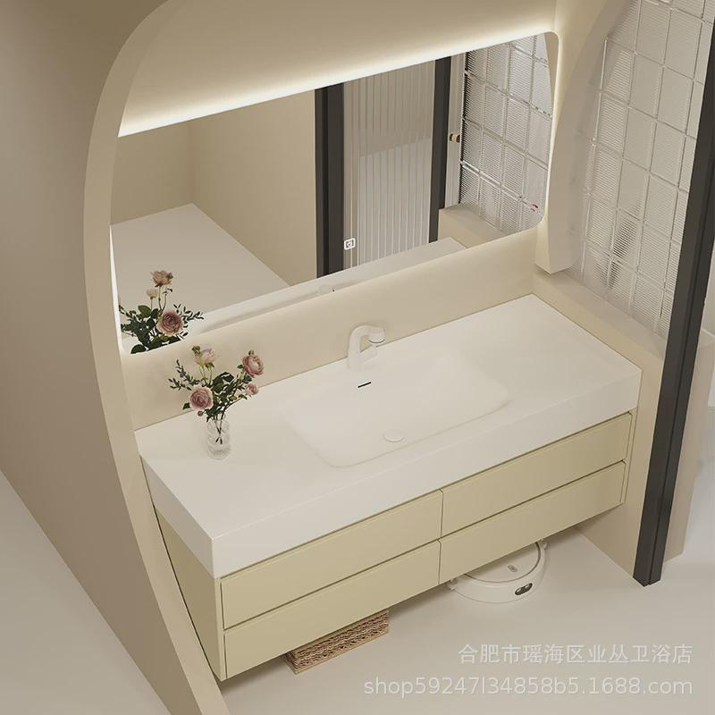 奶油色可丽耐一体盆浴室柜组合现代简约吊柜卫生间洗手洗脸洗漱台