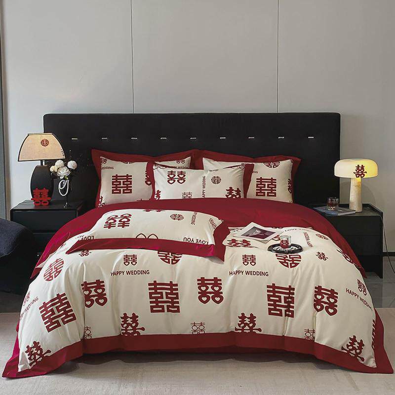 高档中式婚庆四件套简约红色被套喜庆结婚床上用品新婚陪嫁床笠款