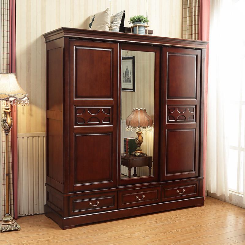 美式乡村实木移门推拉衣柜带抽屉带镜子三门衣橱卧室家具橡胶木