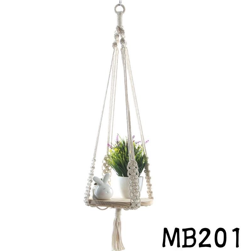 器壁挂米白色棉绳松木板花盆吊网吊绳悬挂室内装饰植物花盆网兜