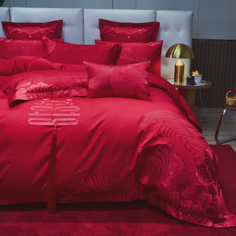 高端全棉陪嫁婚庆四件套结婚大红色六件套刺绣新房床上用品
